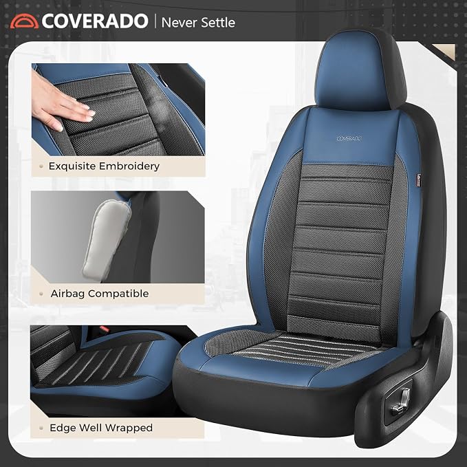 Coverado Car Seat Covers Full Set, Luxury Leather Car Seat Covers, Automotive Front and Rear Mesh Seat Covers, Full Set 5 Seats, Blue Black Seat Covers for SUV Sedan Truck - Image 6
