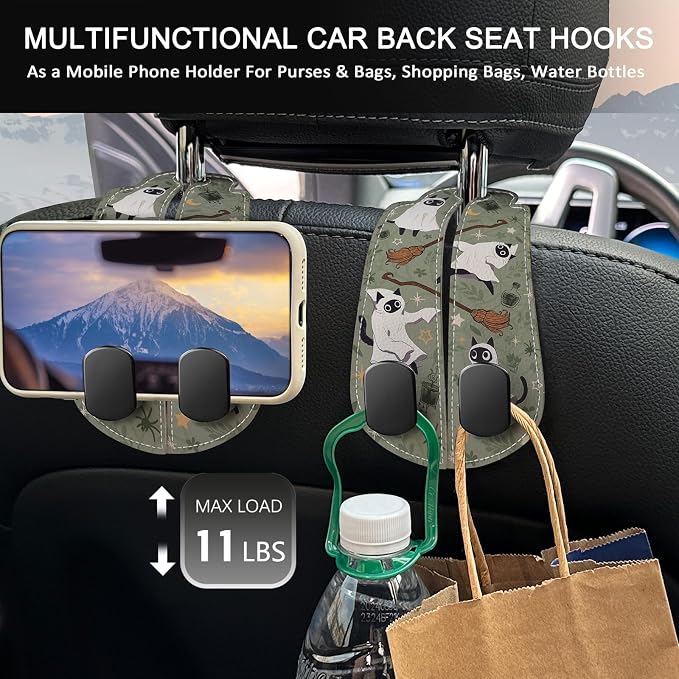 Blusabaca 2PCS Car Hooks for Purses Bags, Halloween Spooky Cute Cat Witch Magic Seat Back Storage Headrest Holder Hanger PU Leather Double Metal Backseat Organizer, Women Car Accessories Organization - Image 3