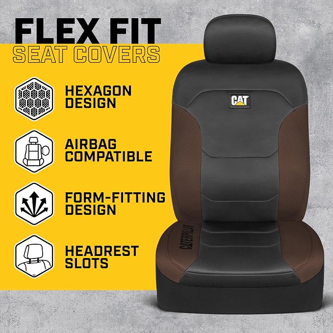 CAT Black & Brown Car Seat Covers Full Set - Front Seat Covers & Rear Bench Seat Cover - Airbag Compatible, 60/40 Split Bench for Mid-Size Trucks & SUVs - Automotive Interior Seat Accessories - Image 4