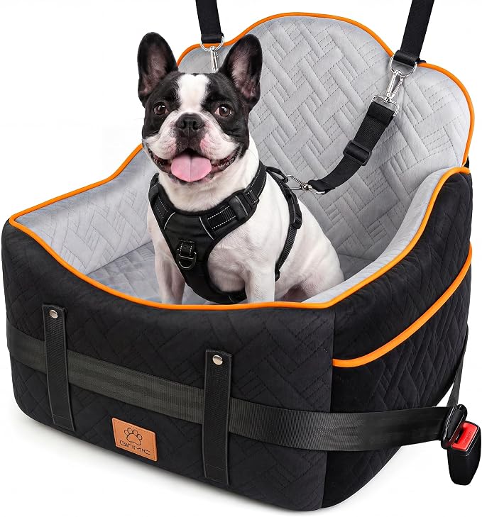 GINMIC Dog Car Seats for Small Medium Dogs up to 35 lbs – Dog Booster Car Seat with 5.3-Inch Memory Foam, Dual Safety Leashes, Detachable Washable Cover & Storage Pockets, Soft Travel Dogs Bed (Black) by GINMICKIDSTOYS