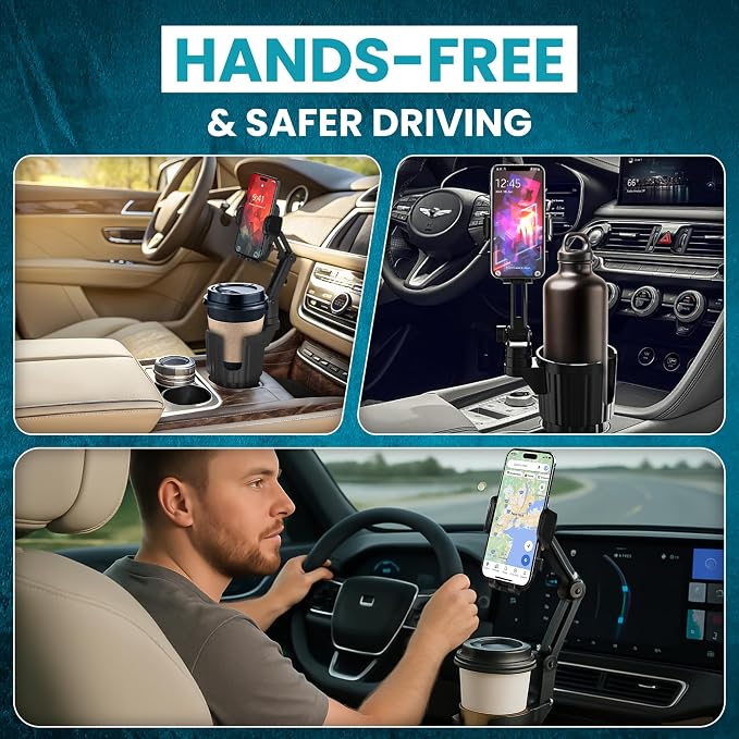Phone Holder & Phone Mount for Car & Cup Holder Expander – 2-in-1 for Smartphones, Bottles, Tumblers & Coffee Mugs – Strong Clamp, Anti-Shake, 360° Rotation - Image 7
