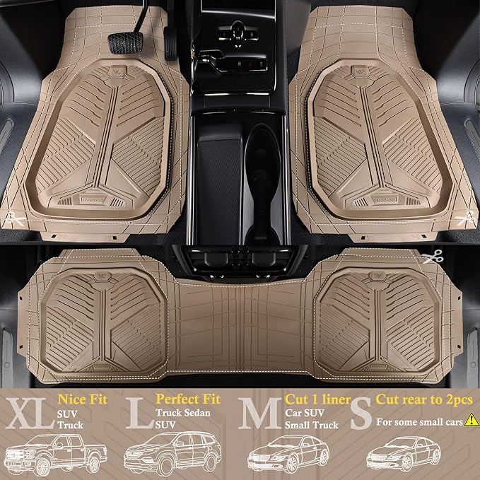 CAR PASS Heavy Duty Rubber Car Mats, Deep Dish Car Floor Mats Full Set, Universal All Weather Automotive Mats 3 Pieces Trim to Fit for Sedans SUVs Trucks, Waterproof Anti-Slip Floor Mats, Full Beige - Image 2