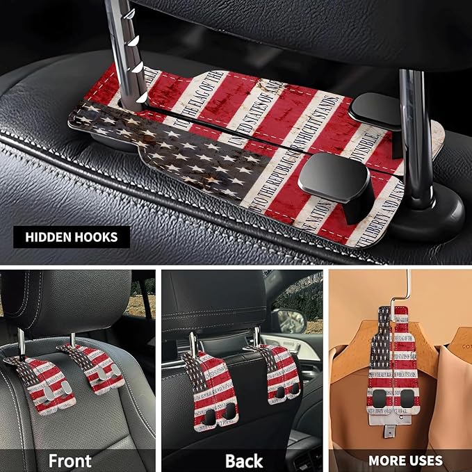 Car Seat Headrest Hook, Universal Leather Cute Hanger Holder Hook, Storage Organizer Interior Accessories for Purse Bags Handbag Retro American Flag - Image 3