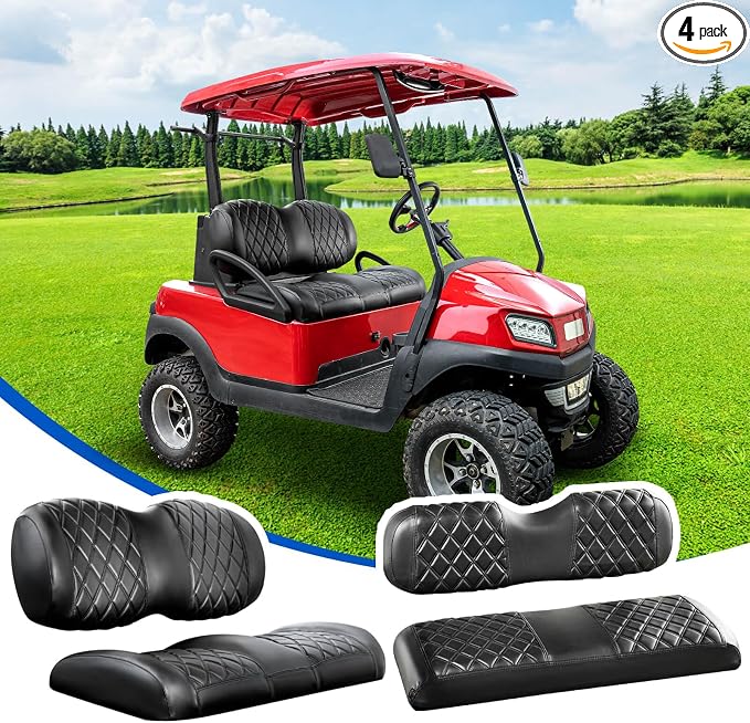 NOKINS Golf Cart Seat Covers 4 Piece Fits Club Car Precedent Premium Seat | Front and Rear Seat Vinyl Covers, Golf Cart Accessories, No Staples(Black&Black Stitch) by NOKINS-GolfCartPartsFactory
