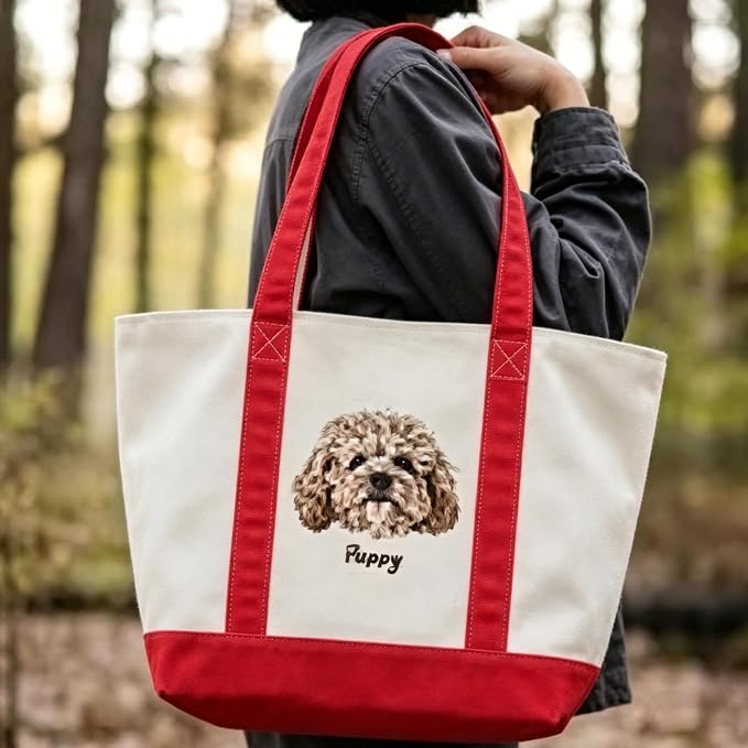 Personalized Custom Embroidered Pet Portrait Tote Bag - Dog Cat Mom Gift with Name, Large Canvas Shoulder Tote for Women, Reusable Shopping & Daily Use Tote Bag - Image 5