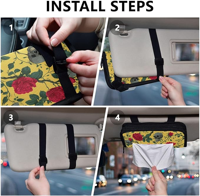 Car Tissue Holder Car Napkin Holder Tissue Box Dispenser Storage Case Sun Visor Mask Holder Accessories with Adjustable Straps Reusable Refillable Yellow Gothic Rose and Skull - Image 5