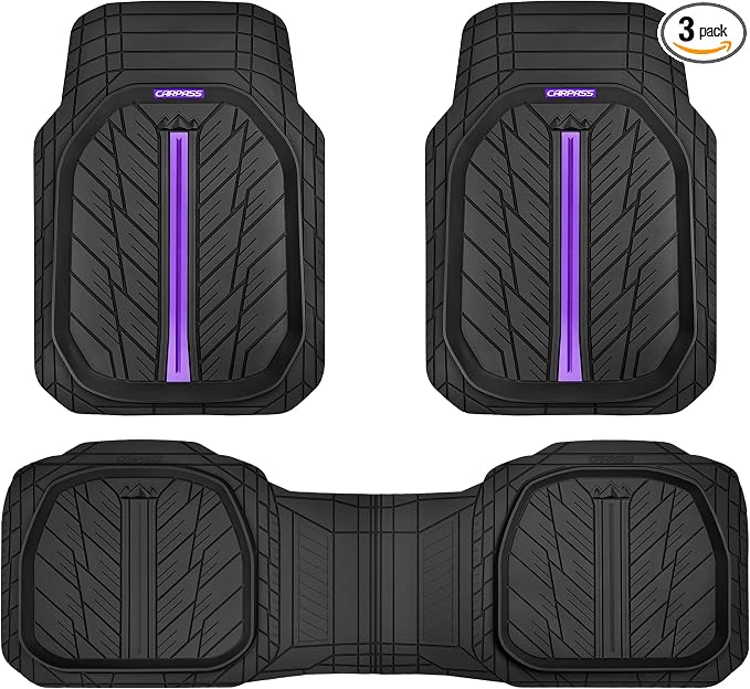 CAR PASS Tire Tread DeepDish Rubber Floor Mats for car Heavy Duty car mats All Weather, Universal XL~M Trim to Fit for Truck SUV Vehicle Automotive, Waterproof car mats 3 Piece (Purple Black) by CARPASS