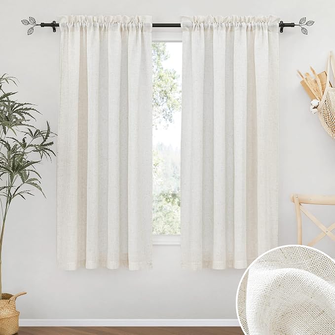 RYB HOME Linen Textured Semi Sheer Curtains 63 inches Long for Living Room | Half Privacy, Light Filtering, Faux Linen Blend, Office Nursery Dorm Bathroom, W52 x L63, Linen by RYBHOME