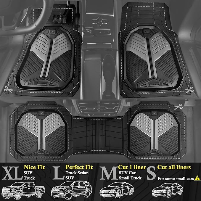 CAR PASS Heavy Duty Rubber Car Mats, Deep-Dish Car Floor Mats All Weather, Universal Two-Tone Trim-to-Fit for SUVs Trucks Sedans, Waterproof Anti-Slip, 3 Pieces V12 Black and Metallic Gray - Image 2