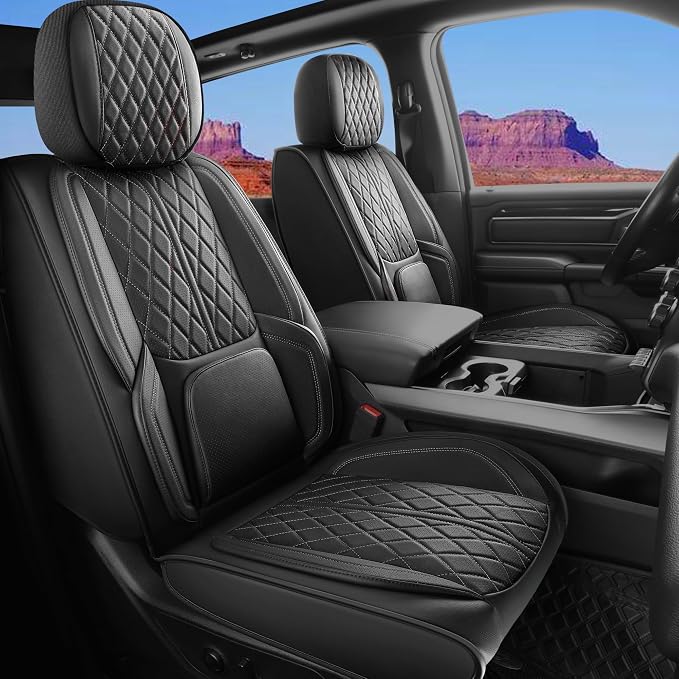 Car Seat Cover Custom Fit for Dodge Ram 1500 2500 3500 2002-2026 Faux Leather Seat Cover Set Compatible with Crew Quad Regular Cab Pickup Truck Cushions (Black, Full Set, Curved Rear) by DuDuWang