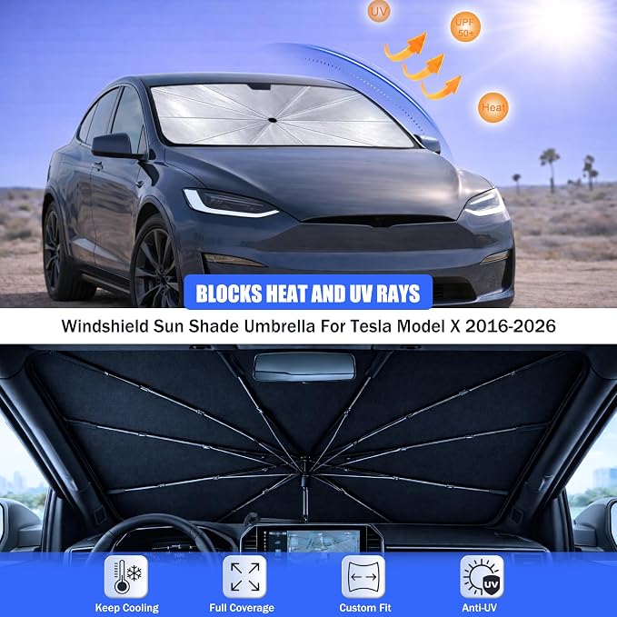 Car Windshield Sun Shade Umbrella for Tesla Model X 2016-2026 | 2026 Upgraded,Custom-Fit Umbrella Sunshade,Easy Install,UV Protection & Heat Reflective,Keep Interior Cooler with Storage Bag - Image 3