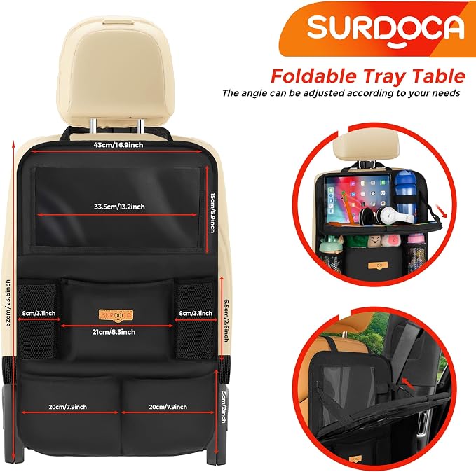 SURDOCA Backseat Car Organizer with Foldable Tray for Kids & Adults – NEW MODEL Seat Storage with Touchable Tablet Pocket, Roadtrip Essentials – Fits Most Vehicles - Image 5