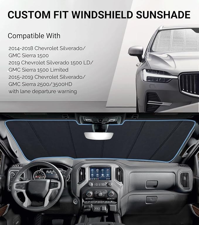 Pigenius Windshield Sun Shade for Chevrolet Silverado/GMC Sierra 1500/2500/3500 2007-2013. Reflective Aluminum Film Front Window Sunshade - BLAZBLOCK - Image 2