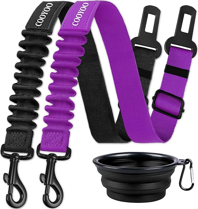 COOYOO Dog Seat Belt,3 Piece Set Retractable Dog Car Harness Adjustable for Vehicle Nylon Pet Safety Heavy Duty & Elastic by COOYOO