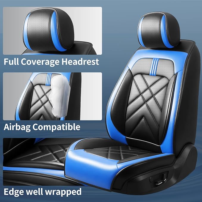 Soul Car Seat Covers Fit for Kia Soul 2010-2026, Premium Full Coverage Leather Automotive Seat Protectors, All Seasons Waterproof Breathable, Airbag Compatible, Front Seats, Black-Blue - Image 2