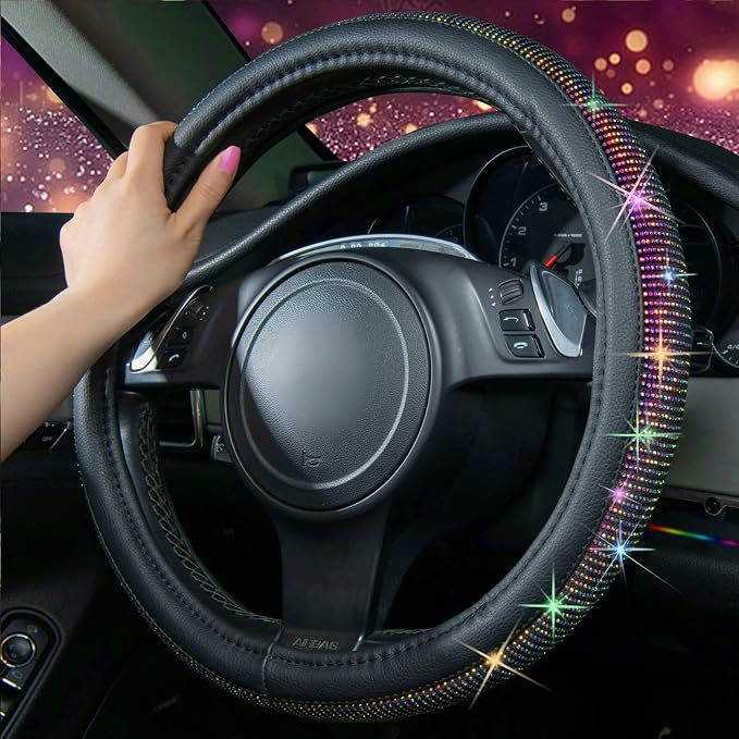 CAR PASS Diamond Leather Steering Wheel Cover, with Bling Crystal Rhinestones Fit Suvs,Vans,Sedans,Cars,Trucks Universal Fit 14.5-15inch Crystal Glitter for Women Sparkle Girl, Multicolor Diamond - Image 4