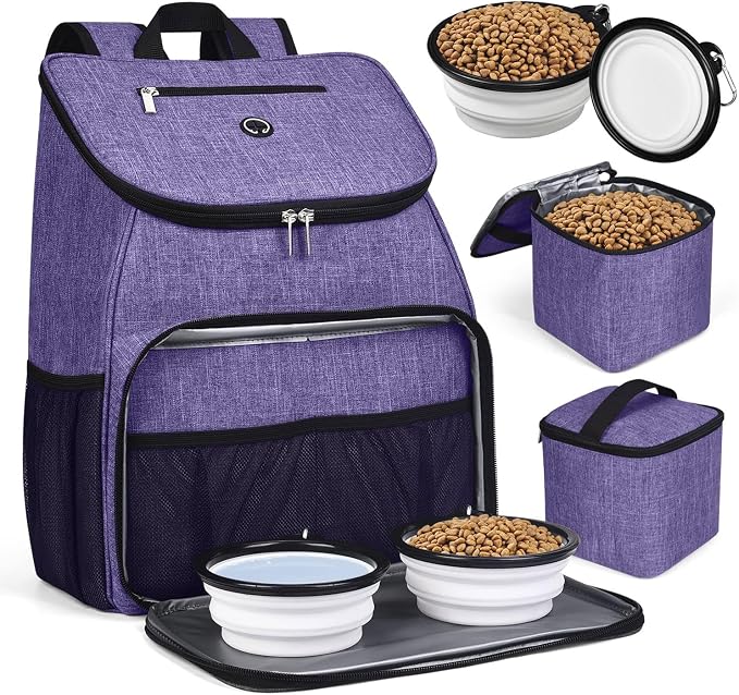 BAGLHER丨Dog Travel Bag, Airline Approved Pet Supplies Backpack, Dog Travel Backpack Accessories Set with 2 Silicone Collapsible Bowls and 2 Food Baskets. Purple by BAGLHER