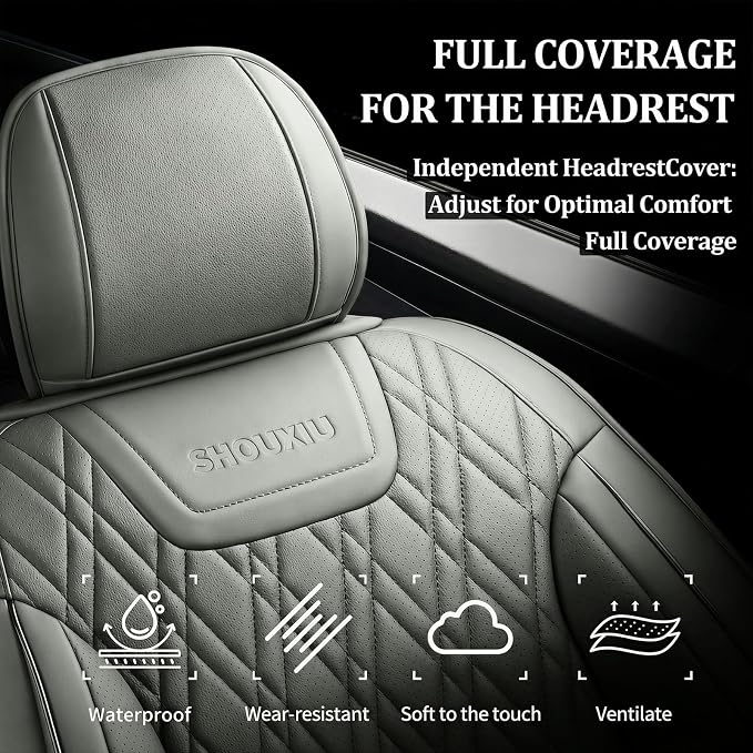 Car Seat Covers Compatible with GMC Terrain 2010-2025 2026 - Full Set 5 Seats Luxury Leather All-Weather Seat Cushions & Protectors, Waterproof & Breathable, Airbag Compatible (Grey) - Image 3