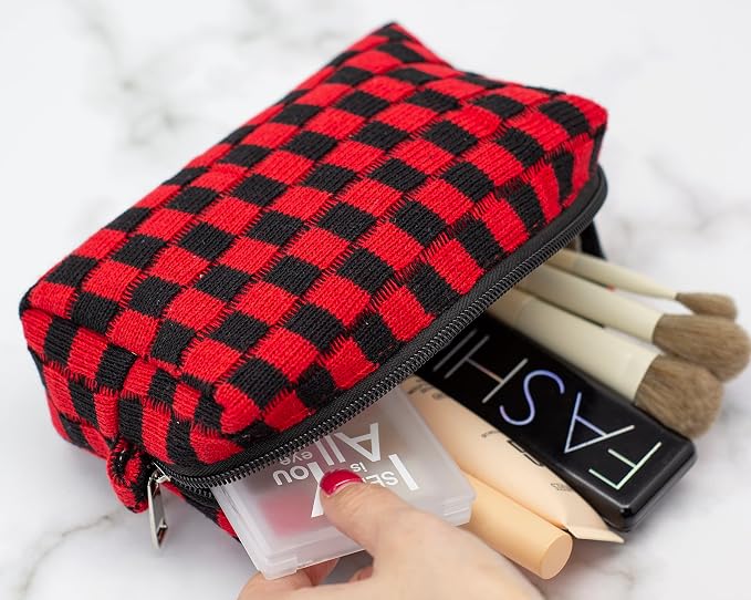 Checkered Makeup Bag for Purse, Small Travel Cosmetic Pouch,Red Black | Cute Zipper Makeup Organizer for Women, Travel Essentials, Toiletries, Makeup Brushes, Beauty Accessories&Bridesmaid Gifts - Image 6