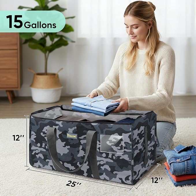 BALEINE Extra Large Storage Tote with Zippers & Carrying Handles, Heavy-Duty Oxford Fabric Moving Bags for Laundry, Space Saving, Storage, Grey Camouflage - Image 4