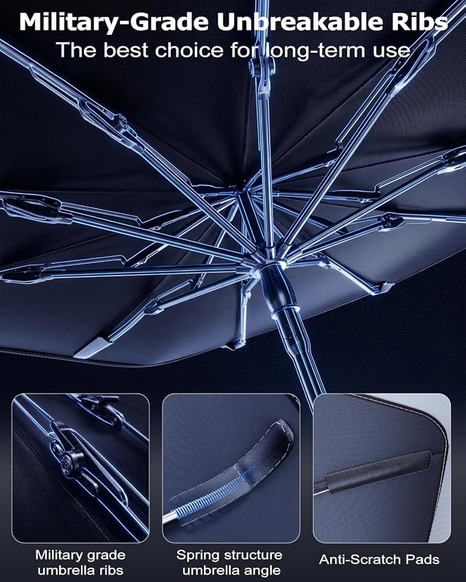 DMJN Umbrella Windshield Sun Shade for Car & SUV, Car Sunshade for Front Windshield [Nano Ice-Crystal Coatings] UPF50+ Heat & UV Block, Protect Interior & Keep Cooler Universal for Most of Sedan & SUV - Image 8