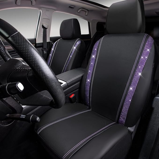 CAR PASS Leather Diamond Bling Car Seat Cover 2 Front Interior Sets, Waterproof Universal Shining Glitter Crystal Sparkle Fit for 95% Automotive Truck SUV Cute Women Girl, Black Purple Rhinestone - Image 2