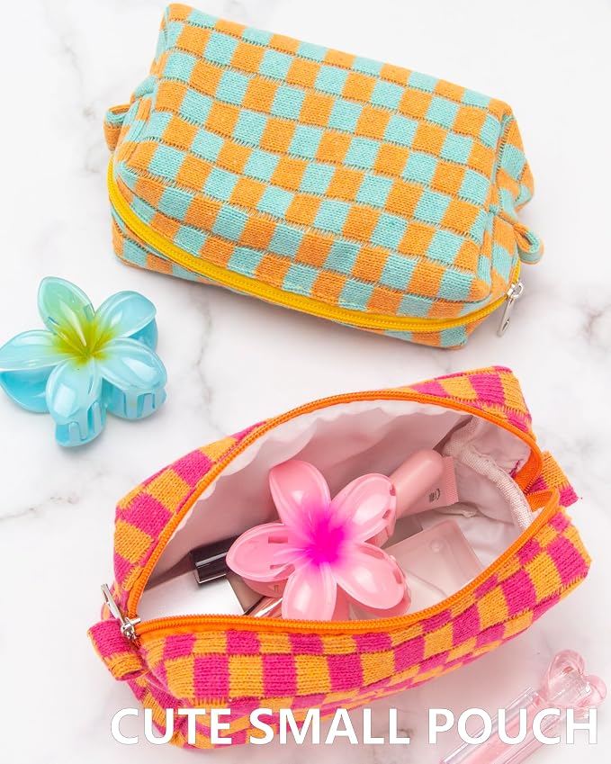 Checkered Makeup Bag for Purse, Small Travel Cosmetic Pouch,Red Orange | Cute Zipper Makeup Organizer for Women, Travel Essentials, Toiletries, Makeup Brushes, Beauty Accessories&Bridesmaid Gifts - Image 8