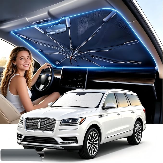 2026 Upgraded Car Windshield Sun Shade Umbrella, UV & Heat Block, Foldable Front Window Cover – Keep Interior Cooler, Protect Dashboard & Seats – Universal Fit for SUV, Truck, Sedan (57"x31.5") by Unknown