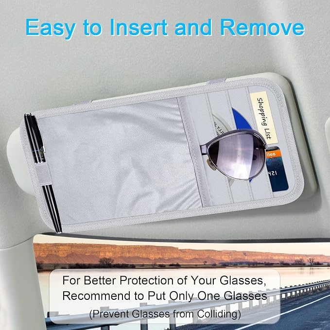 Wisdompro Car Sun Visor Storage Pouch, Sunglasses Bag & 3 CD Sleeves, Gray | with Pen Holder and Elastic Strap, Auto Sunvisor Organizer Pocket for Glasses, Document, Card, DVD, Papers, Receipts - Image 3