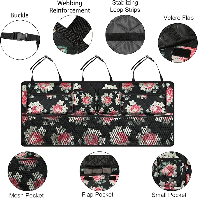 Femuar Car Trunk Organizer,Large Capacity Backseat Trunk Organizer(42"*18"),Collapsible Car Storage Bag with 8 Pocekt,Car Organizer for SUV/MPV/Truck - Floral - Image 4