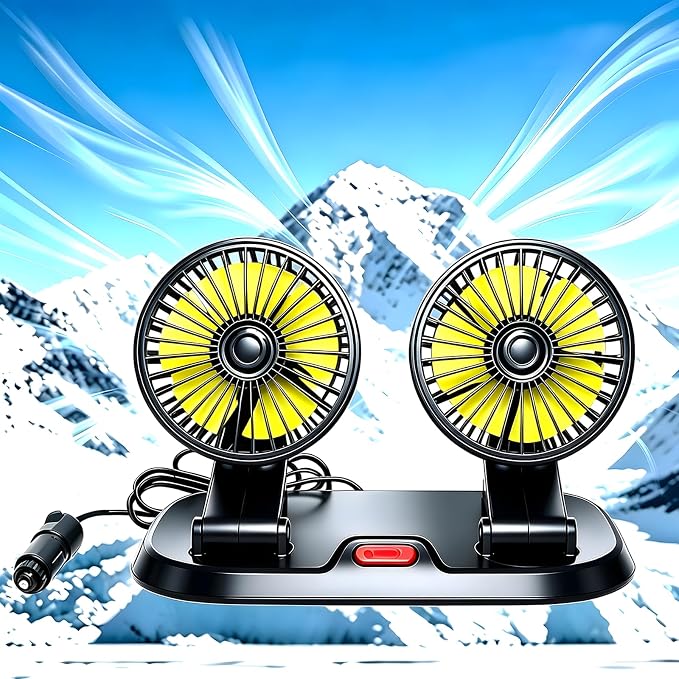 12V Heavy Duty Dual Head Car Fan, 2-Speed Dashboard Cooling Fan with Cigarette Lighter Plug, 360° Rotatable Vehicle Air Circulator for SUV RV Truck Sedan by Unknown