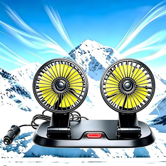 12V Heavy Duty Dual Head Car Fan, 2-Speed Dashboard Cooling Fan with Cigarette Lighter Plug, 360° Rotatable Vehicle Air Circulator for SUV RV Truck Sedan by Unknown