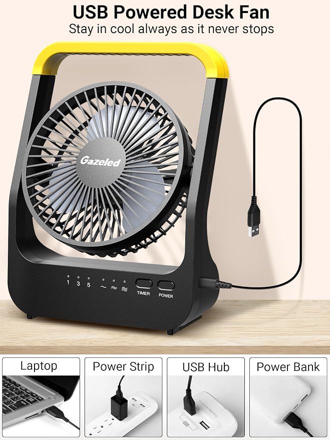 Gazeled Battery Powered Fan, Long Lasting Battery Operated Fans for Camping, Portable D-Cell Desk Fan with Timer, 3 Speeds, Whisper Quiet, 180° Rotation, for Office, Bedroom, Outdoor, 5'', Model: F15 - Image 7