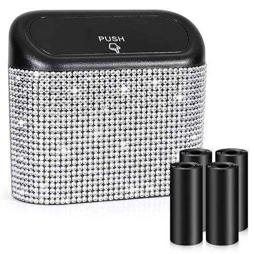 Accmor Bling Car Trash Can with Lid, Mini Auto Garbage Storage Bin with 60pcs Garbage Bags, Sparkling Crystal Trash Bags Holder Dustbin Vehicle Accessories Container Organizer (White Rhinestone) by Accmor