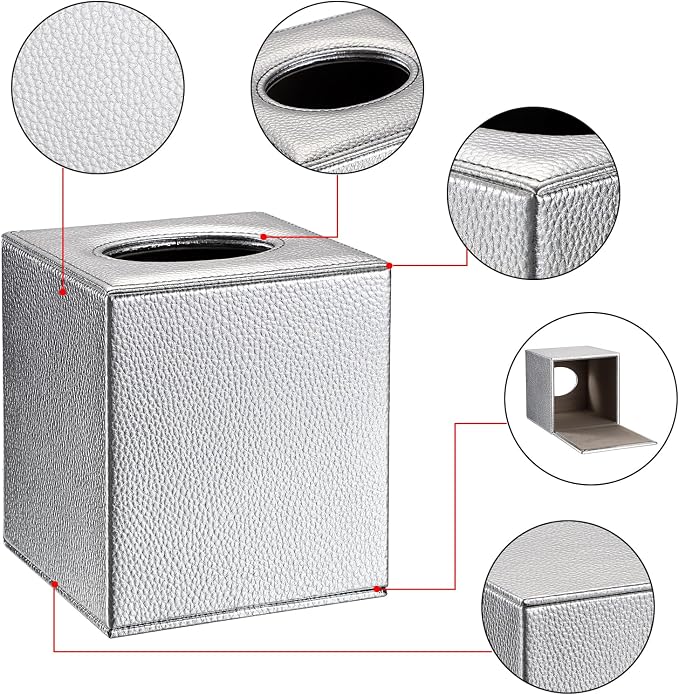 Sumnacon Tissue Box Cover Square,Magnetic Bottom Tissue Box Holder,Silver | Cube PU Leather Tissue Cover with Lychee Pattern,Decorative Tissue Box Covers for Living Room Bathroom Table Desk Office Car - Image 4
