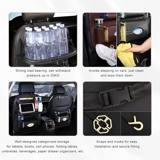 2PCS Car Backseat Organizer, Leather Multi-Pocket Seat Back Protector with Foldable Table Tray, Multifunctional Vehicle Storage Organizer Kick Mat for Kids Toddler Travel (Black) - Image 4