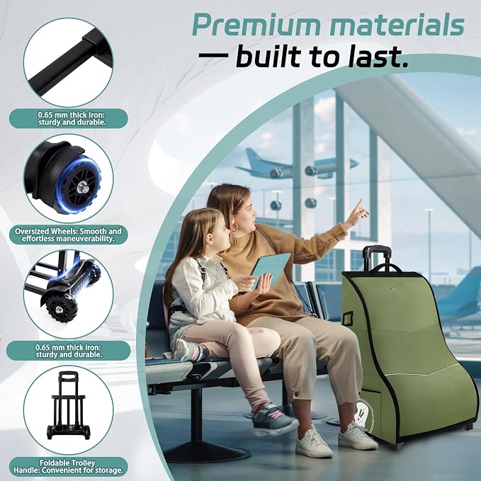Rolling Car Seat Travel Bag with Wheels – Car Seat Backpack Transport Case for Airplane Travel, Fits Convertible & Booster Seats, Protective Storage Cover, (Green) - Image 4