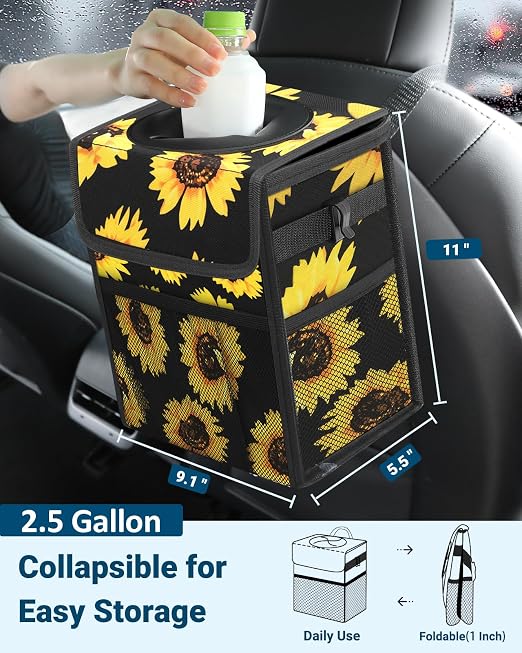 Capolo Car Trash Can with Lid, Leakproof Car Garbage Can Car Trash Bag | Waterproof, Trash Can for Car, 3 Mesh Pockets, Mini Hanging Vehicle Car Trash Bin, for Back/Front Seat (Sunflower,2.5 Gal) - Image 2