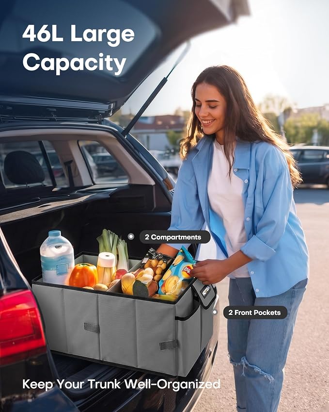 HOTOR Trunk Organizer - Foldable Car Organizer for SUVs & Sedans Storage | Sturdy Car Organization for Men & Women, Car Accessories, Tools, Sundries, Grey, 2 Compartments, 21.3" x 12.6" x 10.6" - Image 3