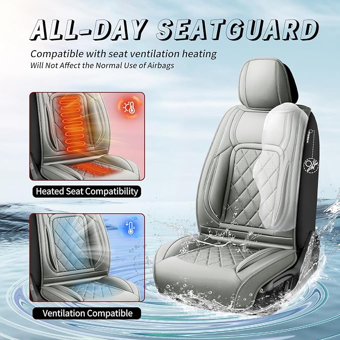 Fit Tacoma Premium Leather Car Seat Covers for Toyota Tacoma 2016-2022 2023 - Waterproof，Breathable，All-Weather Seat Cushion Protecto & Airbag Compatible, Full Set Gray - Image 4