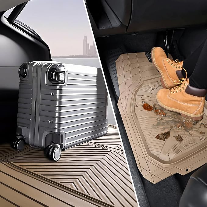 CAR PASS Heavy Duty Rubber Car Mats with Cargo Liner, Deep-Dish Car Floor Mats and Trunk Mat All Weather, Universal Trim-to-Fit for SUVs Trucks Sedans, Waterproof Anti-Slip, Trimmable V12 Beige - Image 6