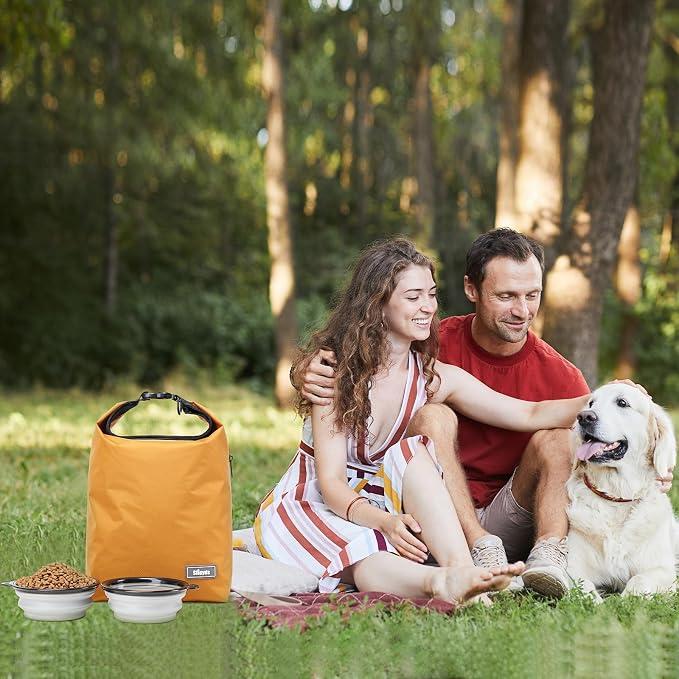 Pet Food Storage Dog Food Travel Container with 2PCS Collapsible Dog Travel Bowls Waterproof Kibble Storage Bag (Yellow, Small) - Image 2
