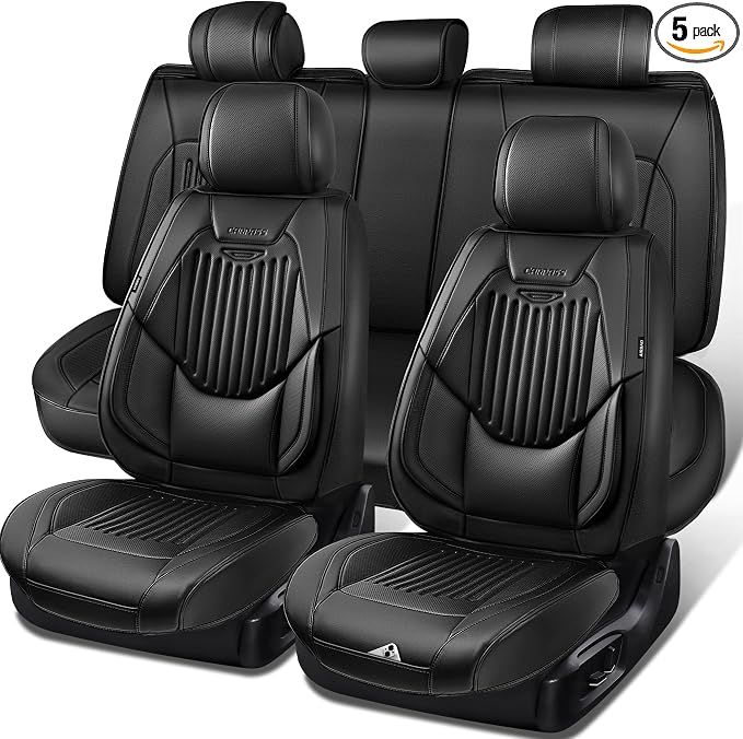 CAR PASS Luxury Nappa Leather Car Seat Covers Full Set, Lumbar Support Seat Covers for Car 5 Seats, Waterproof Car Seat Protector, Automotive Seat Covers Universal Fit for Most Sedans SUV Trucks Black by CARPASS
