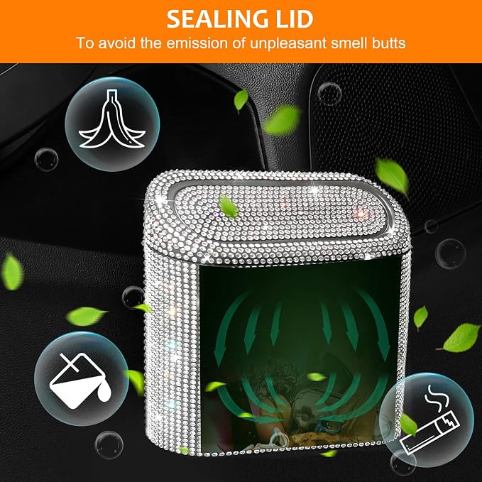 Accmor Bling Car Trash Can with 30pcs Garbage Bags, Vehicle Trash Bin with Lid Auto Dustbin Organizer Garbage Storage, Sparkling Crystal Mini Trash Container Holder - Image 5