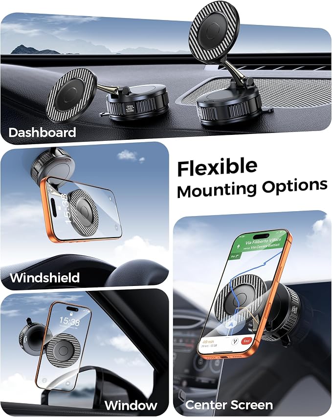 Car Phone Holder for Magsafe – [Carbon Fiber] Phone Mount for Car [Super Strong Magnetic, 360° Adjustable, 108LBS Vacuum Suction] Phone Holders for Your Car, Car Accessories for iPhone 17–12 Series | Super strong magnetic, 108LBS vacuum suction, Compat... - Image 5