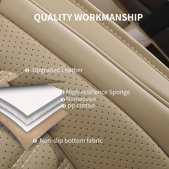 HChengkikz Nappa Leather Car Seat Covers Front Seats, Beige Car seat Protector, Waterproof Car Seat Cushion, Universal Automotive Seat Covers Fit for SUV Truck Pick-up Sedan and Most Cars | Easy Maintenance, Airbag Compatible, Universal Fit For Most SU... - Image 4