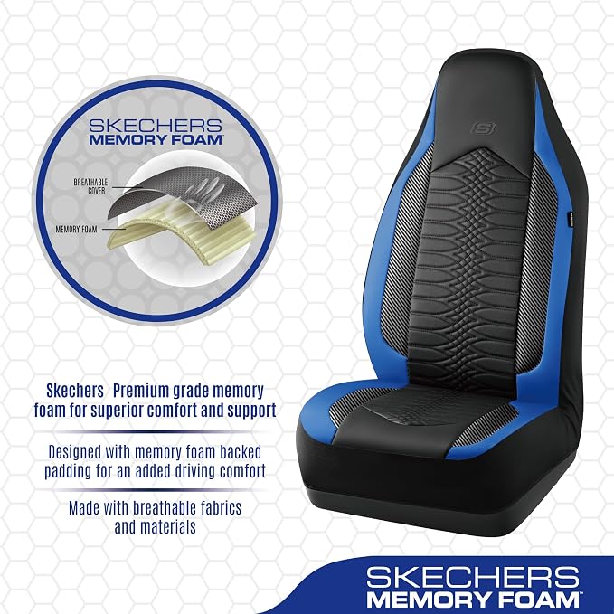Skechers Memory Foam Car Seat Covers, Leather High Back Seat Covers Quilting Design,Waterproof Sports Car Seat Covers Full Sets,Airbag Compatible, Universal Fit for Most Cars, SUVs,Trucks,Blue - Image 4