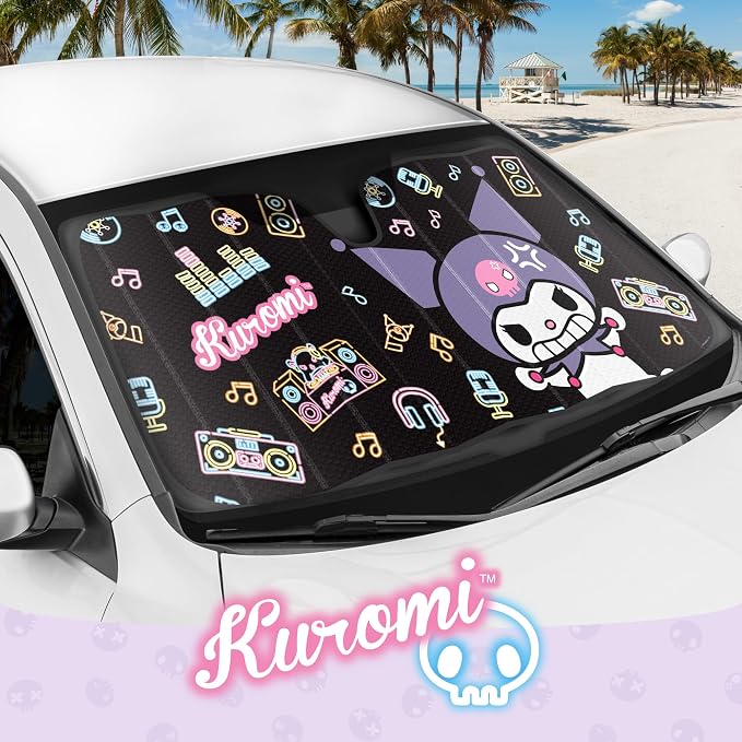 Carbella Kuromi Car Windshield Sun Shade, Official Sanrio Accordion Style Sunshade for Car Window, Cute Kawaii Car Sun Shade Windshield, Kuromi Car Accessories for Women (Neon Party) - Image 7