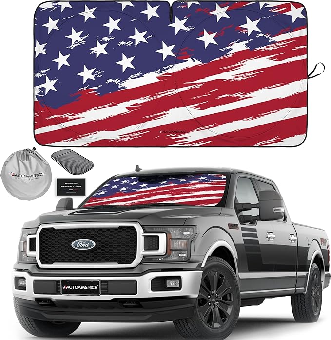 Autoamerics Truck Windshield Sun Shade with Storage Pouch & Anti-Slip Dash Pad - Foldable USA Art Flag-2 Design - Fits Most SUVs & Trucks - Blocks UV Rays and Keeps Car Cool | X-Large (66 x 36 inches) by AutoamericsUS