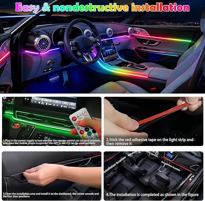 RGB-IC Car Led Strip Lights, Interior Car Lights, App and Remote Control Ambient Lighting Kit with 16 Million Colors Fiber Optics&Music Sync Rhythm, USB Neon Light Accessories for Center Console&Door - Image 4